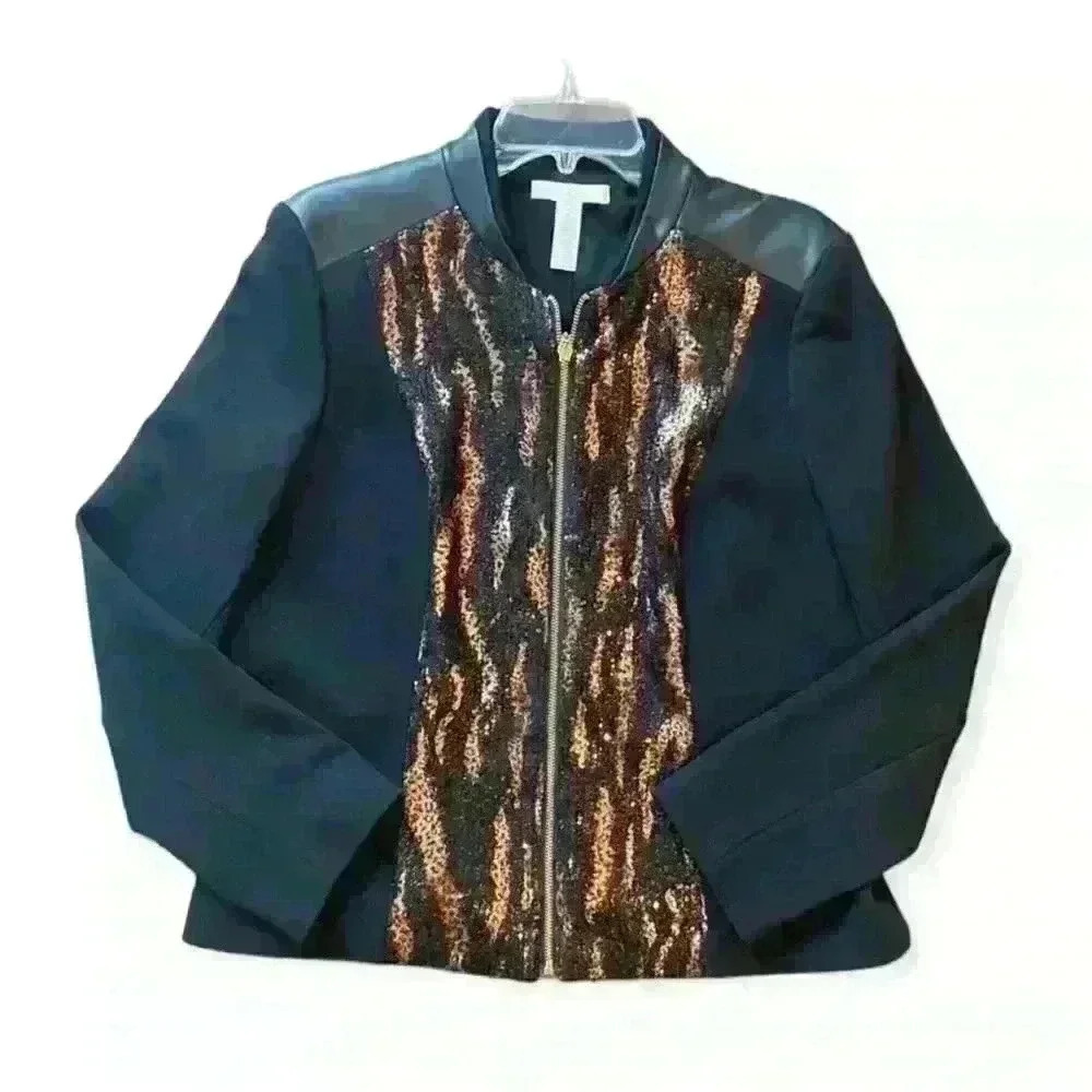Chicos Black Jacket Sequin with Leather Shoulders Size 12  